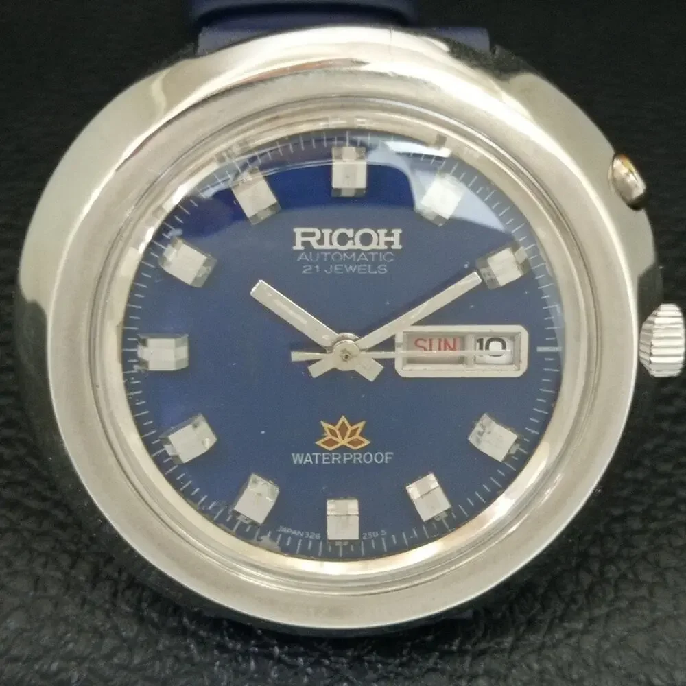 Vintage 1979 Ricoh Automatic Mens Silver Watch W/daydate & Blue accents